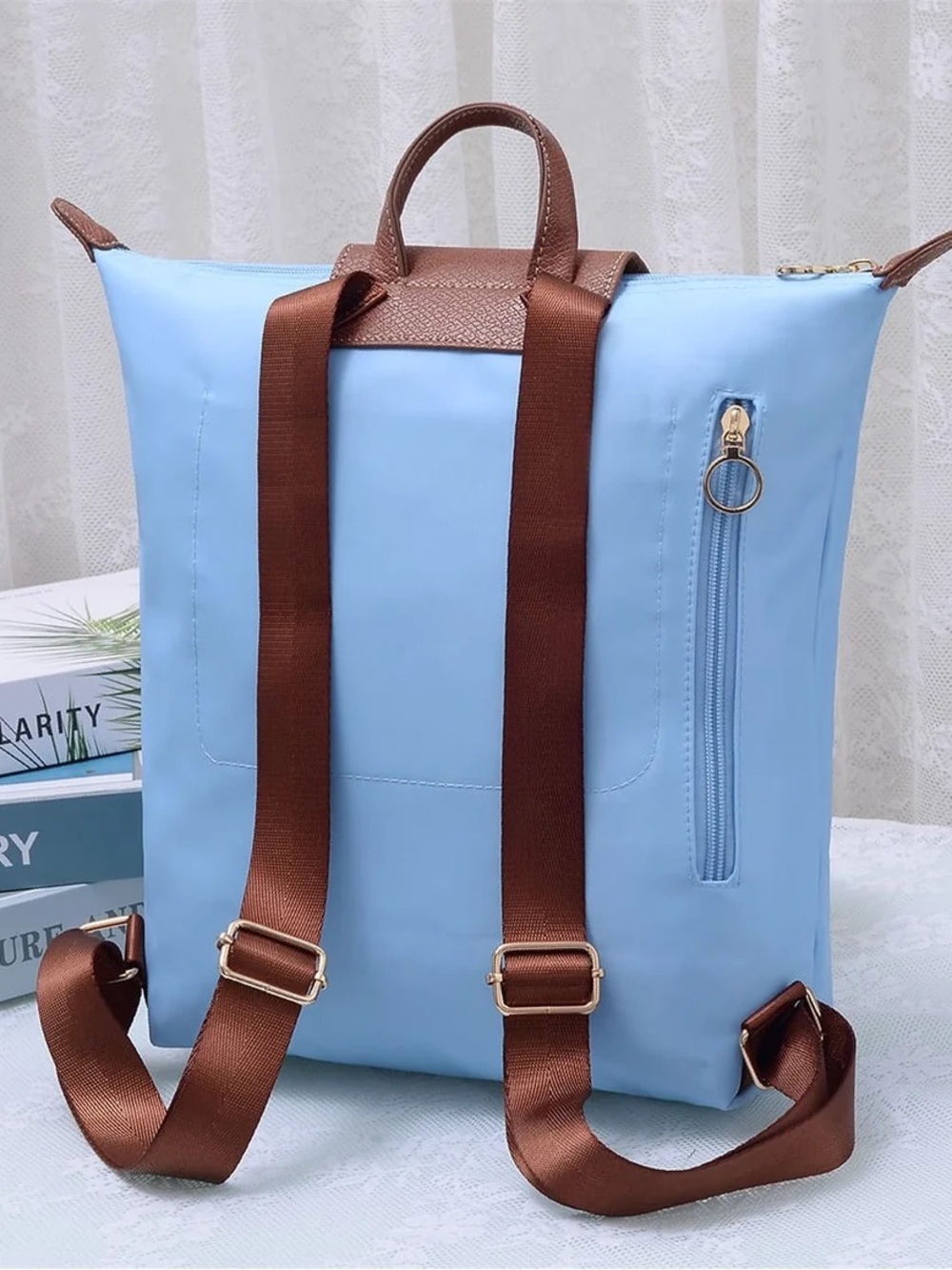 Light Blue and Brown Convertible Women's Backpack Tote - Picture 2 of 5